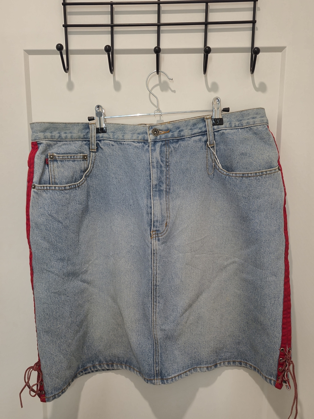 Zana Di Light Wash Denim Mini Skirt with Red Side Lace-Up
